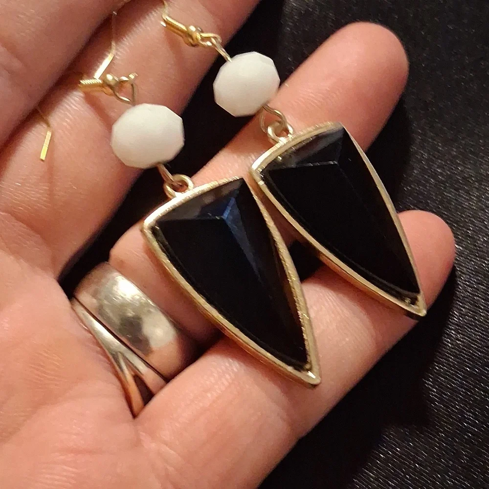 Black Geometric, Gold Over 925 Dangle Hooks Earrings . - Picture 9 of 9